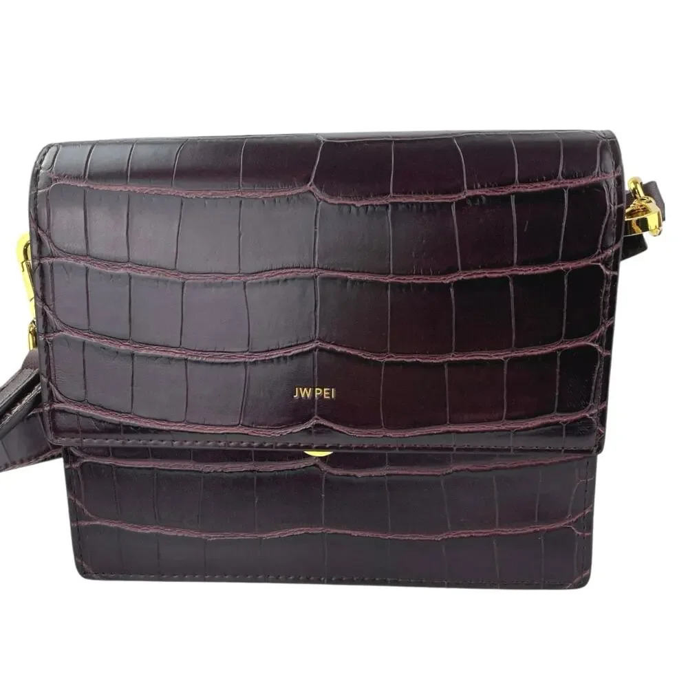 JW Pei Mini Flap Burgundy Red Croc Faux Leather Vegan Crossbody Bag Handbag